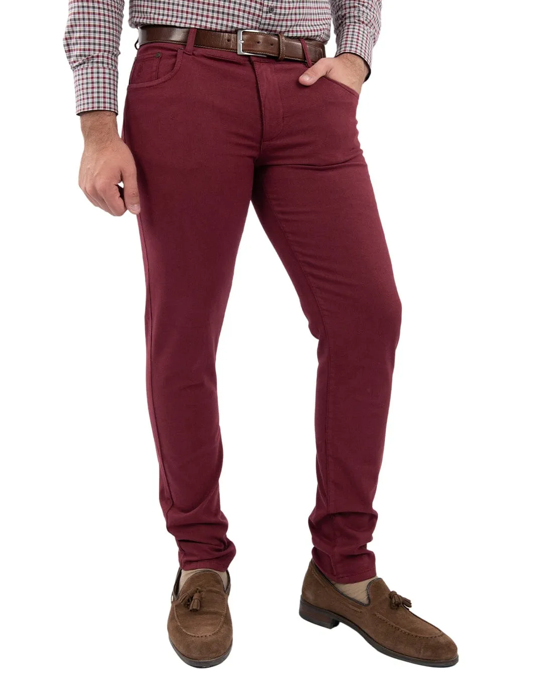 Burgundy Honeycomb Weave Stretch Five Pocket Chinos