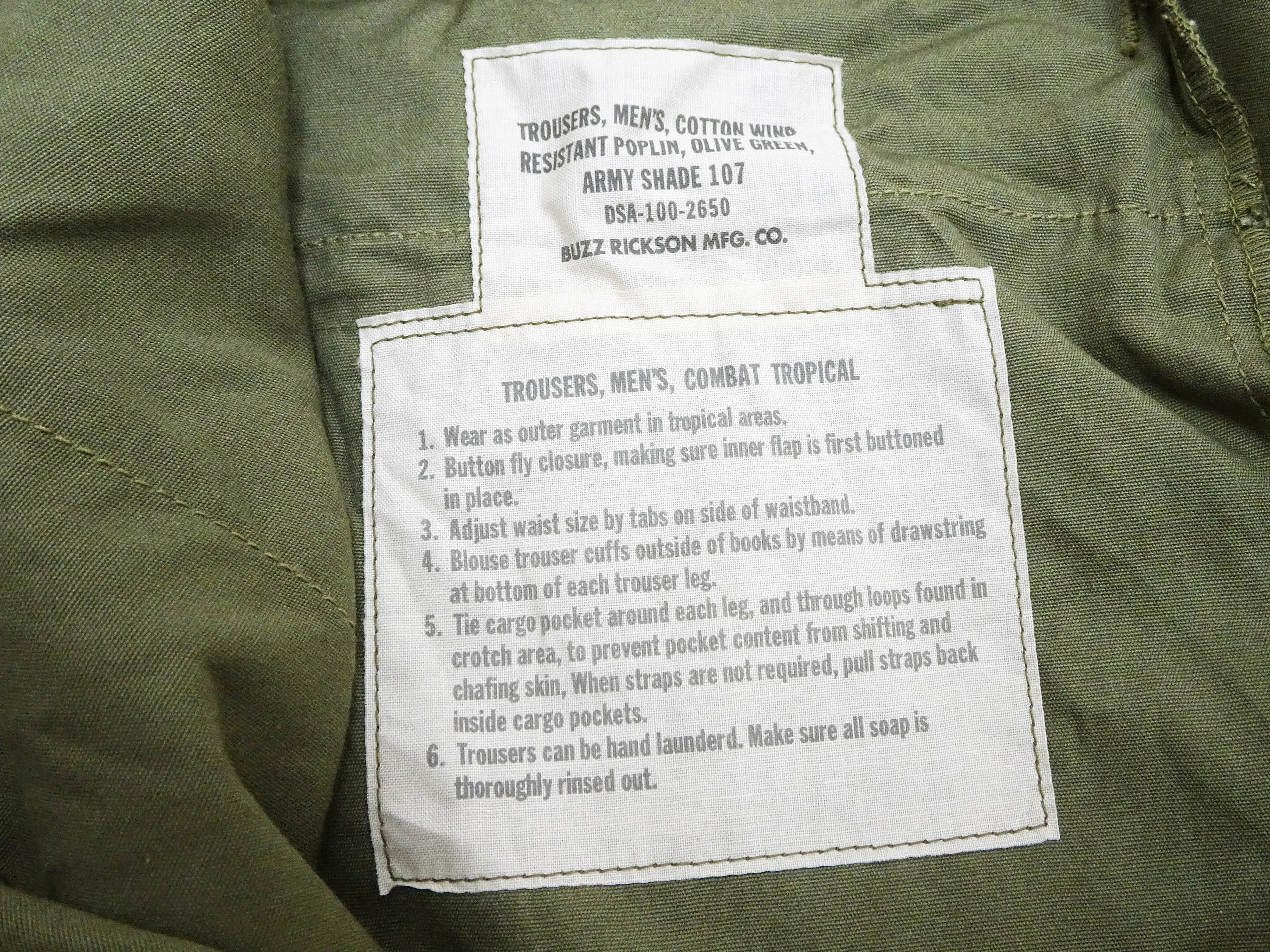 Buzz Rickson Cargo Pants Men's Reproduction of US Army Vietnam Tropical Jungle Trouser BR40927 Olive