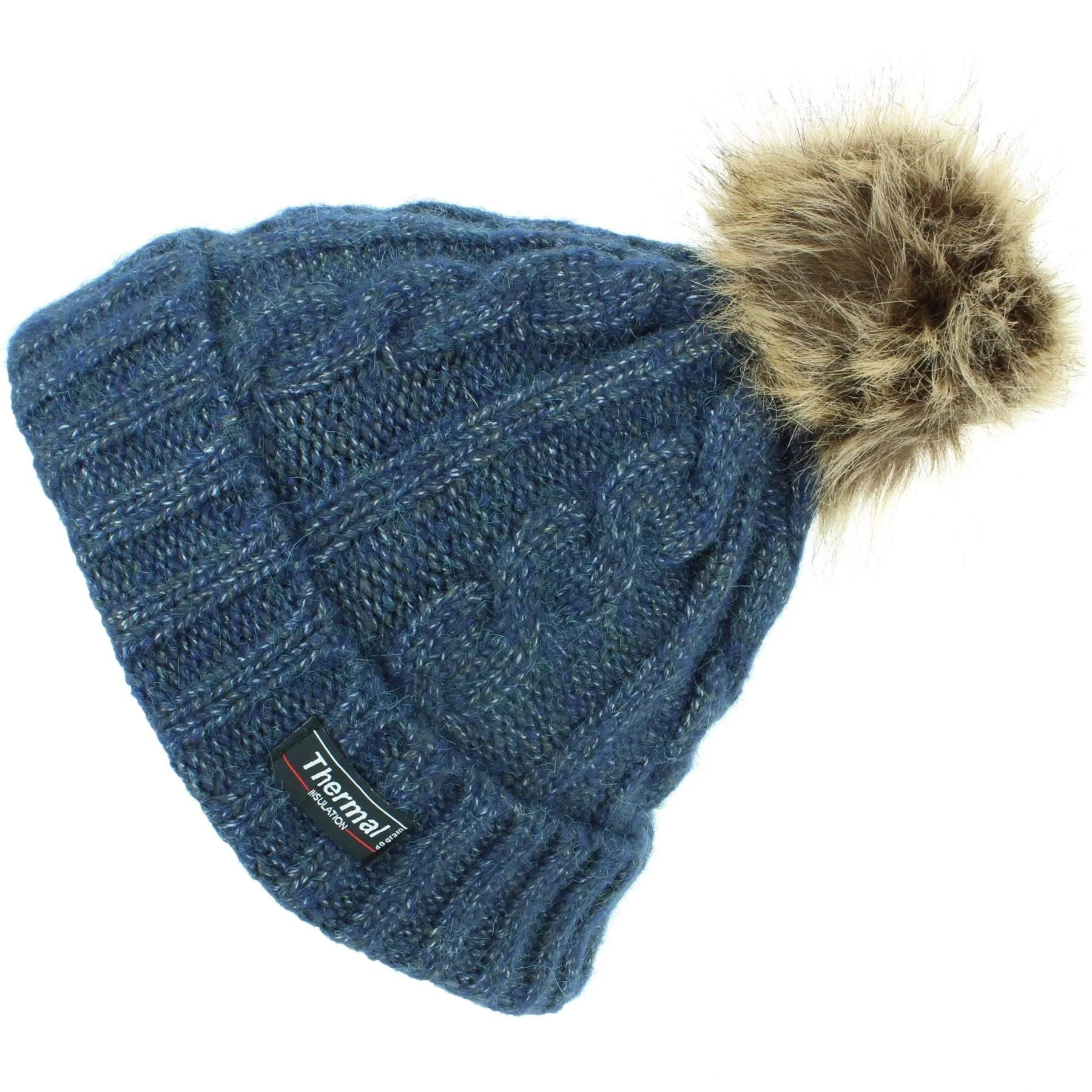 Cable Knit Beanie Hat with Thermal Lining and Faux Fur Bobble - Blue