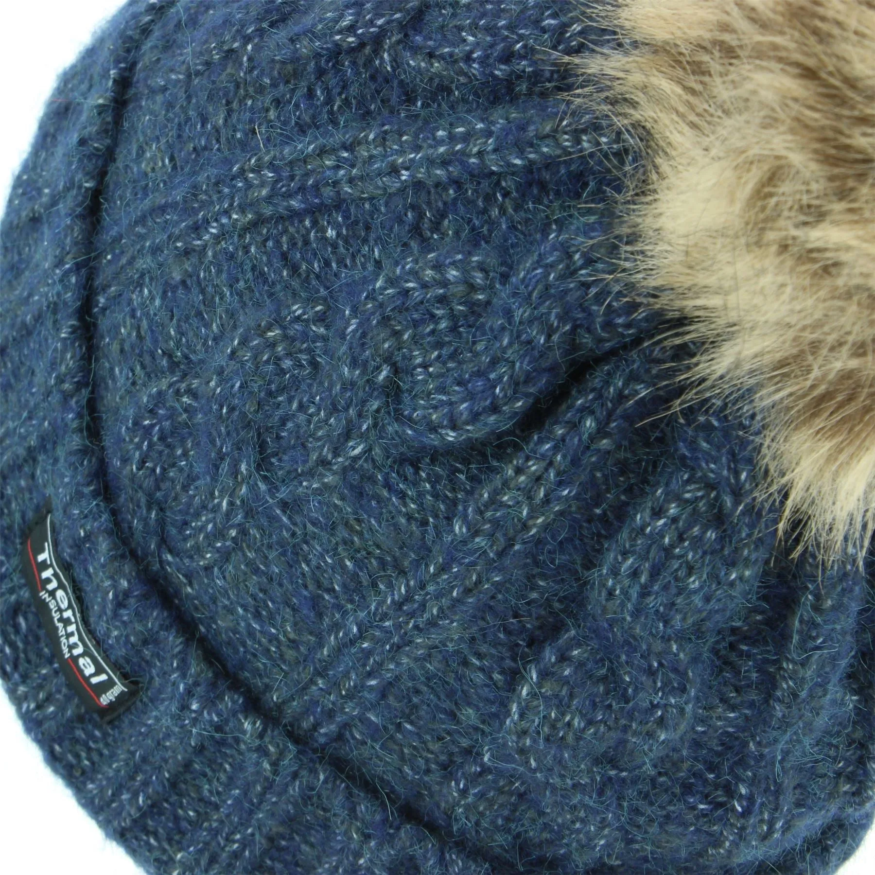 Cable Knit Beanie Hat with Thermal Lining and Faux Fur Bobble - Blue