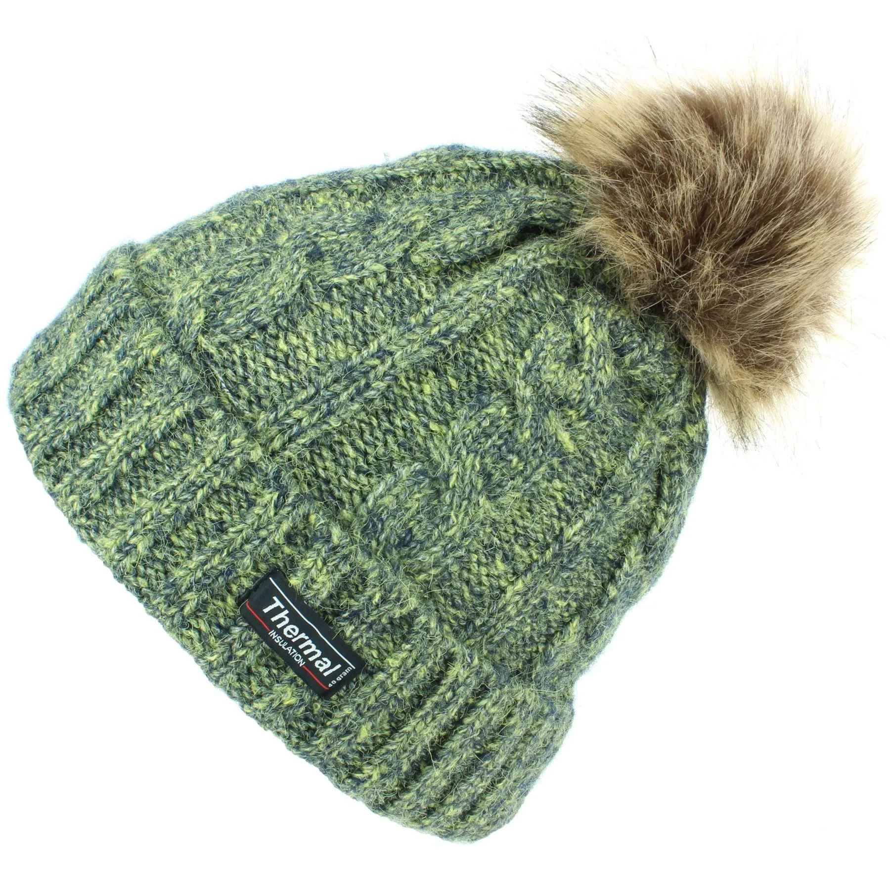 Cable Knit Beanie Hat with Thermal Lining and Faux Fur Bobble - Green