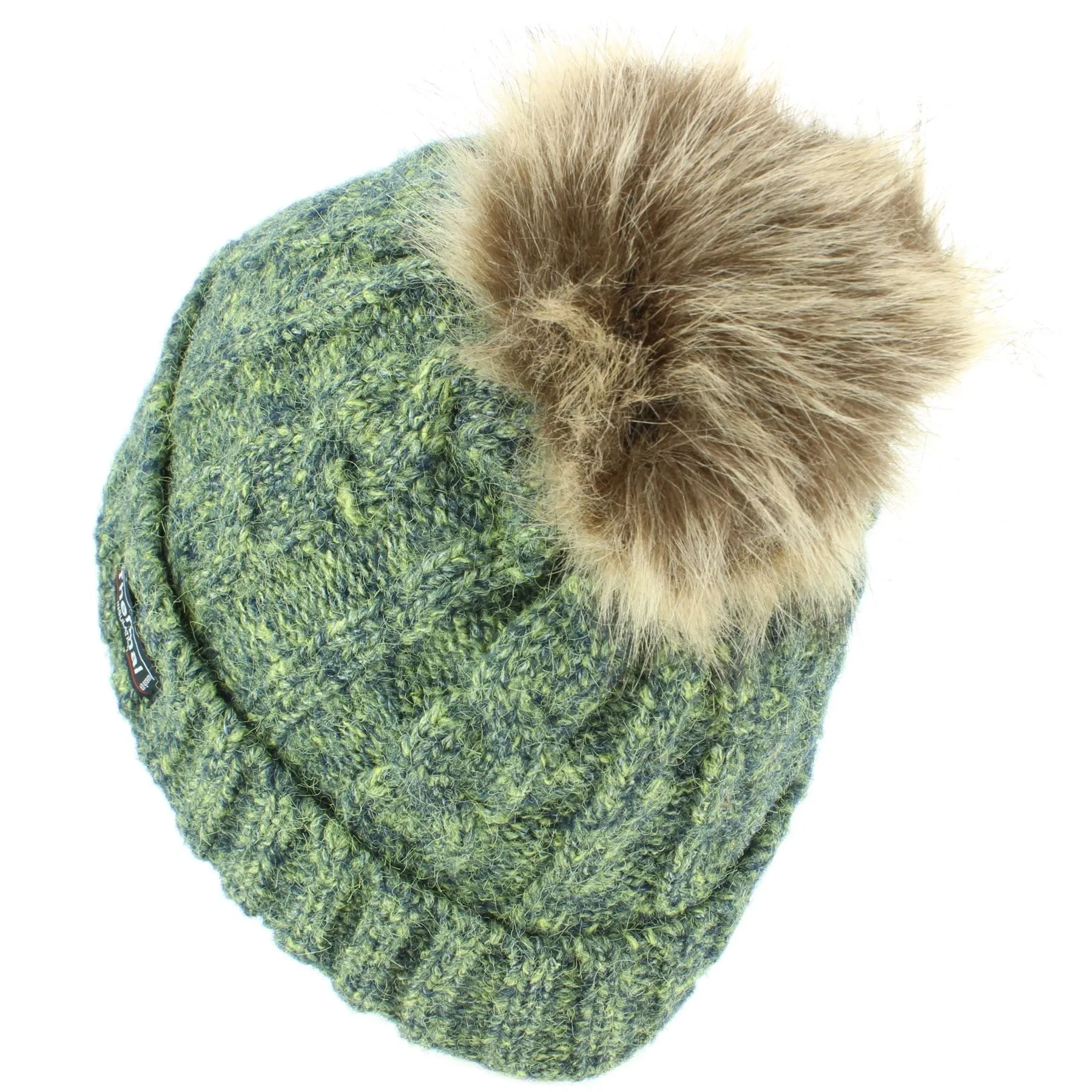 Cable Knit Beanie Hat with Thermal Lining and Faux Fur Bobble - Green