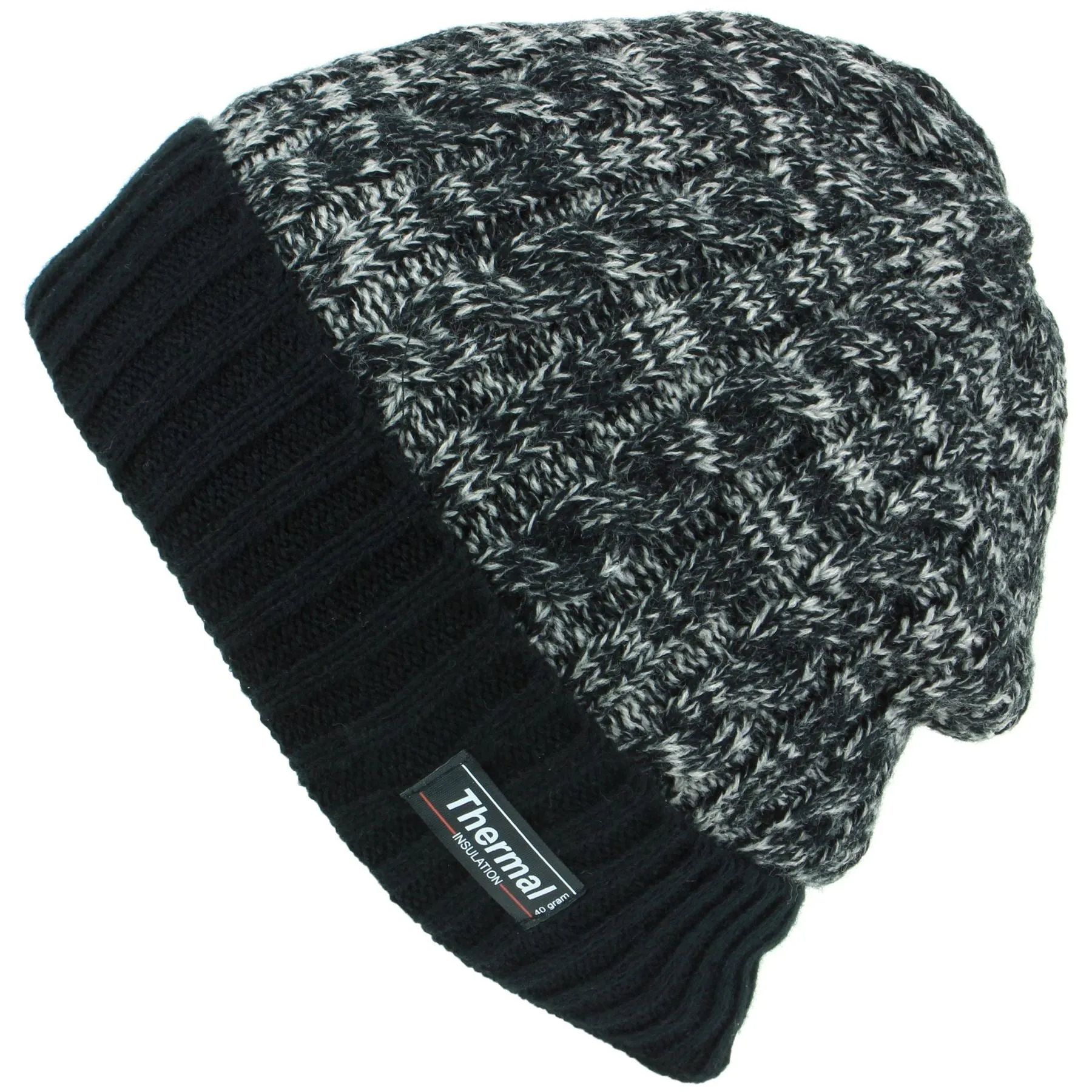 Cable Knit Marl Beanie Hat with Turn-up - Black