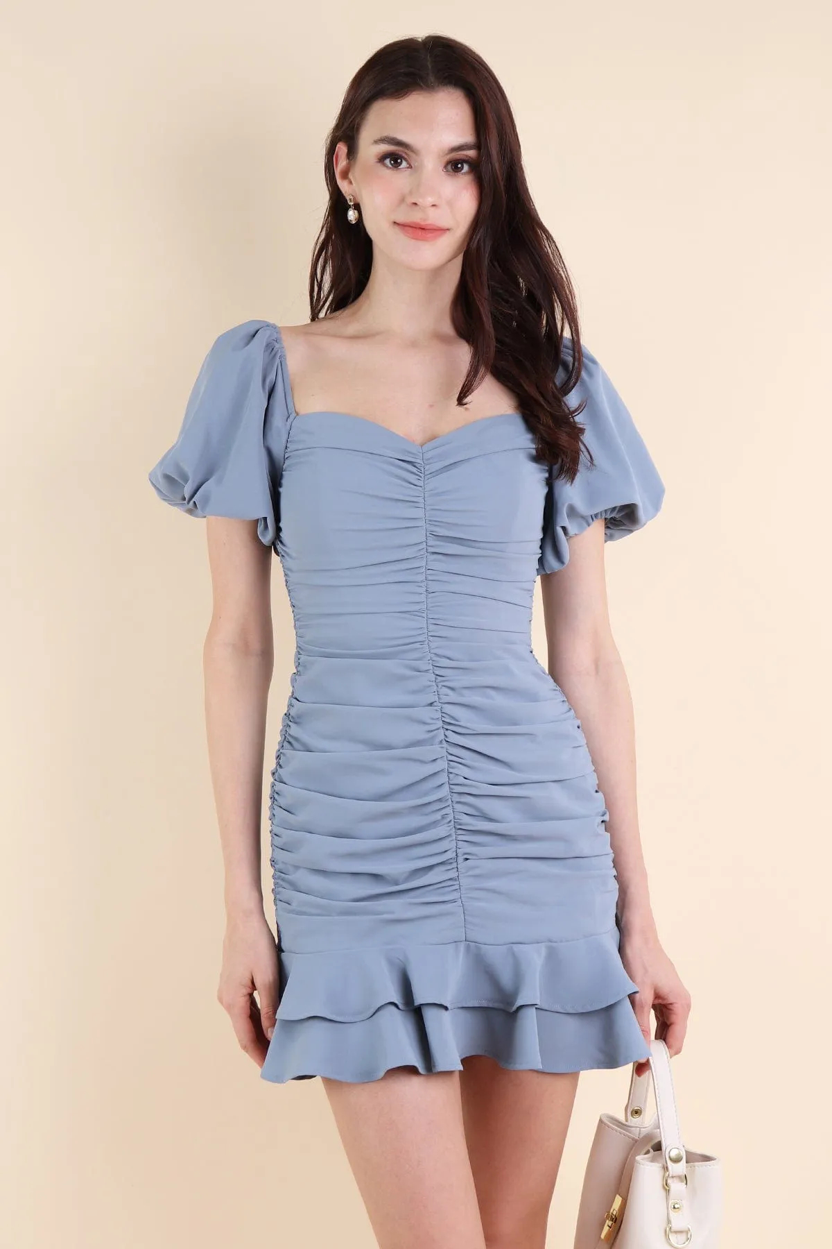 CHANCERY RUCHED BODYCON ROMPER DRESS IN BLUE