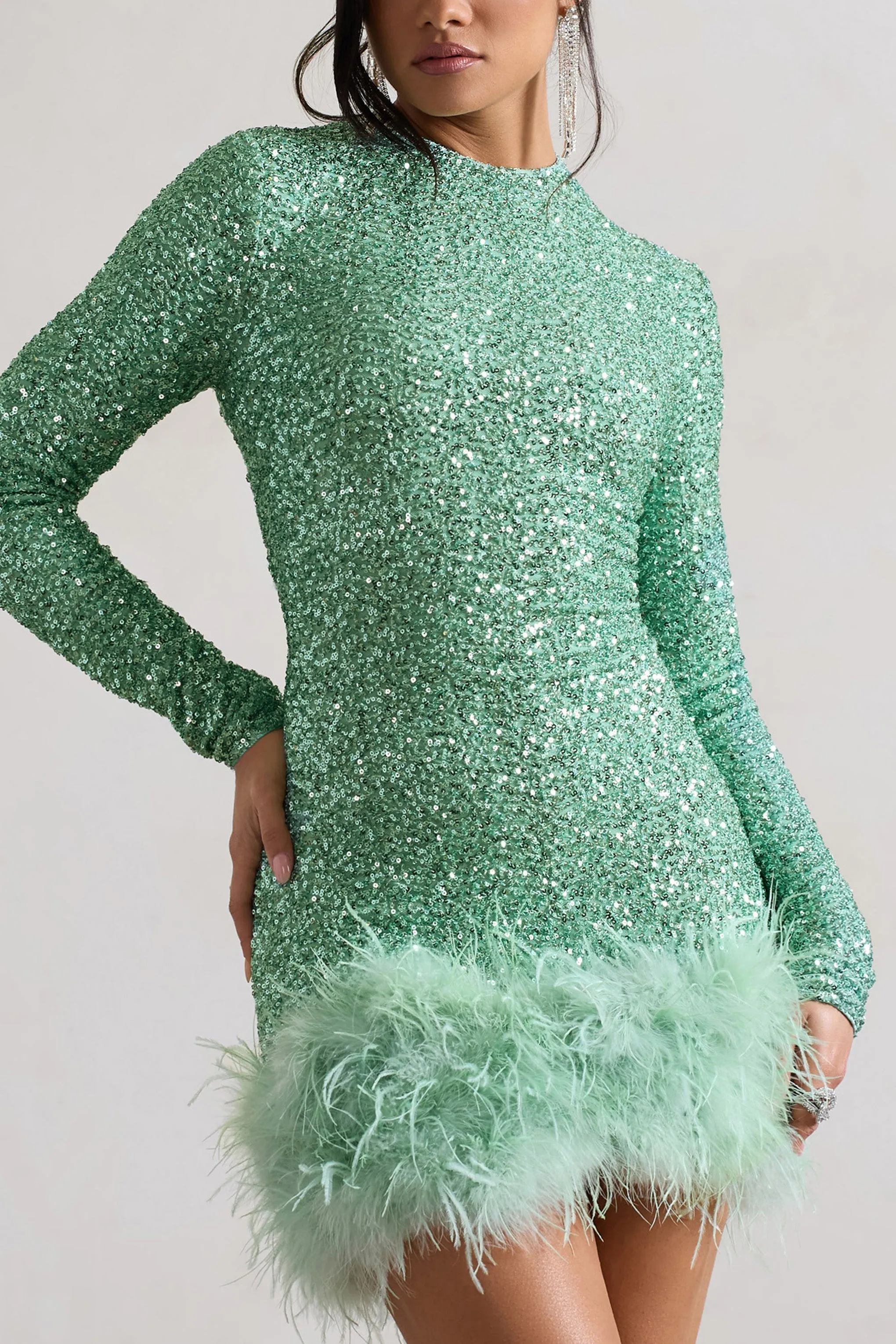 Claudia | Mint Sequin High Neck Feather Hem Mini Dress With Long Sleeves