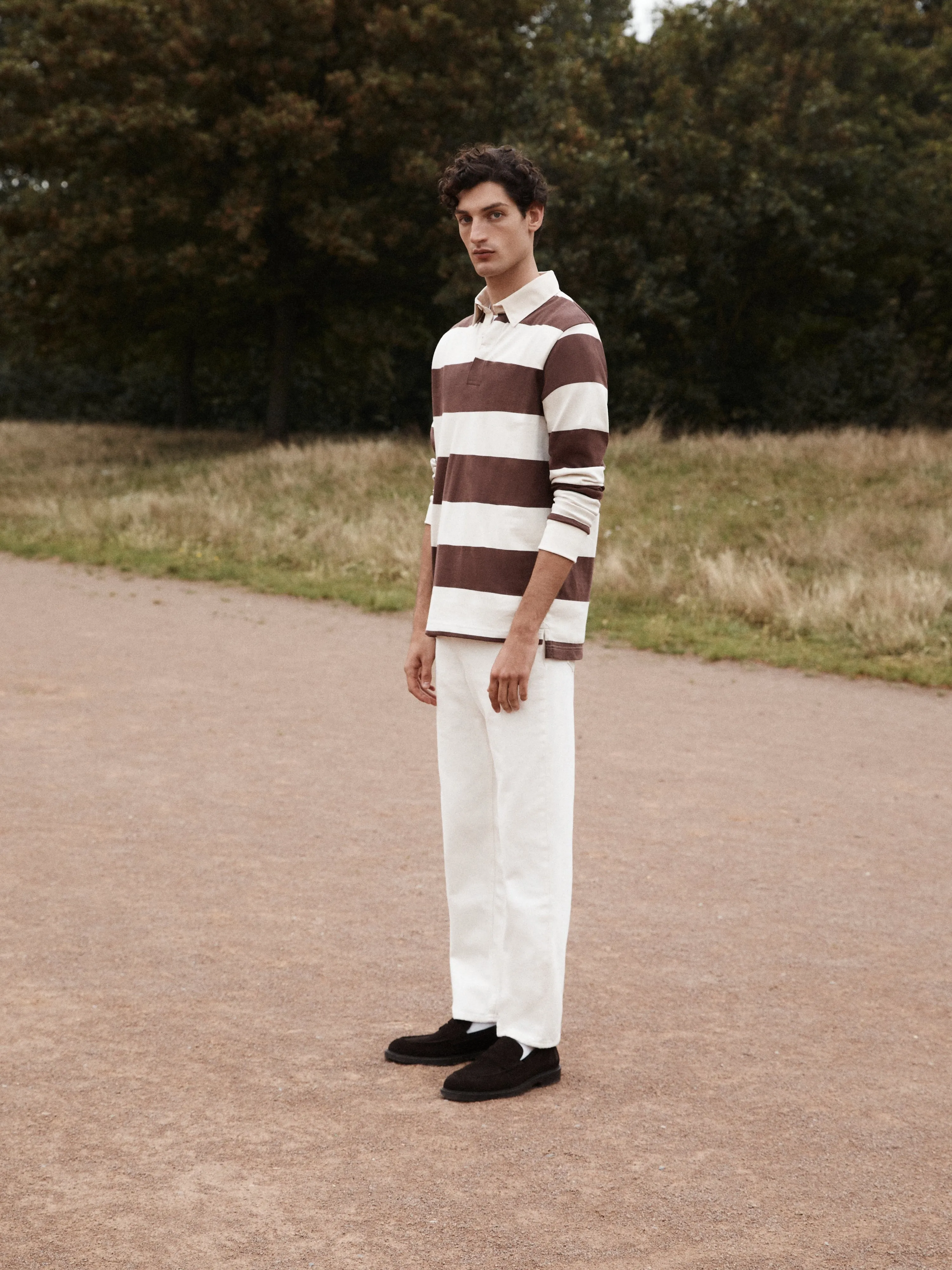 Cotton Rugby Shirt in Brown Stripe