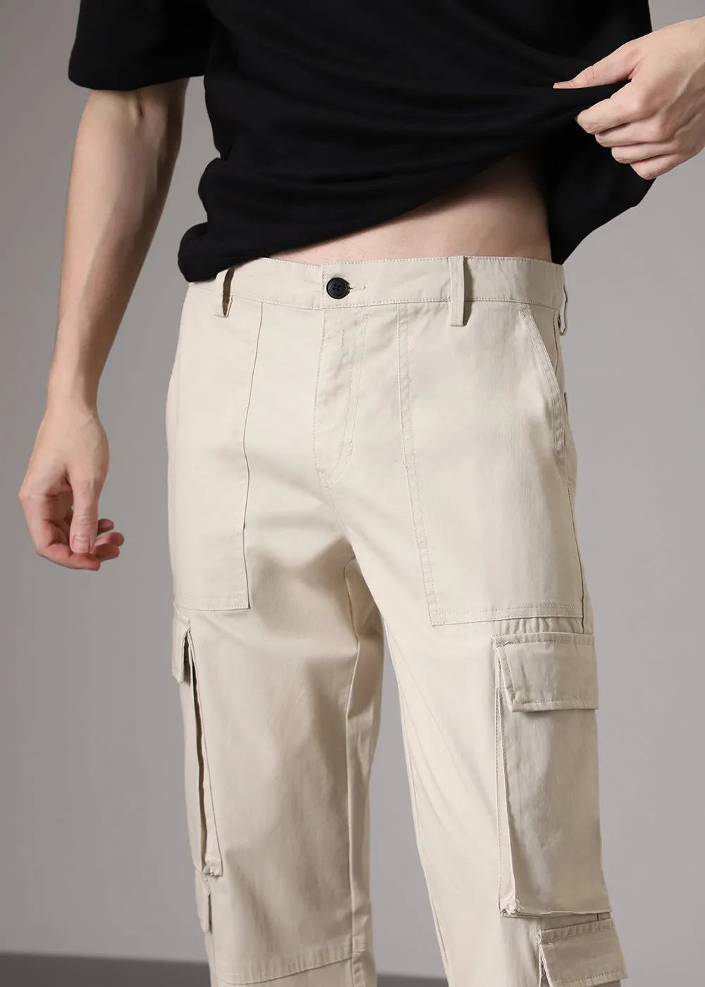 Cream Zipper Cargo Pant