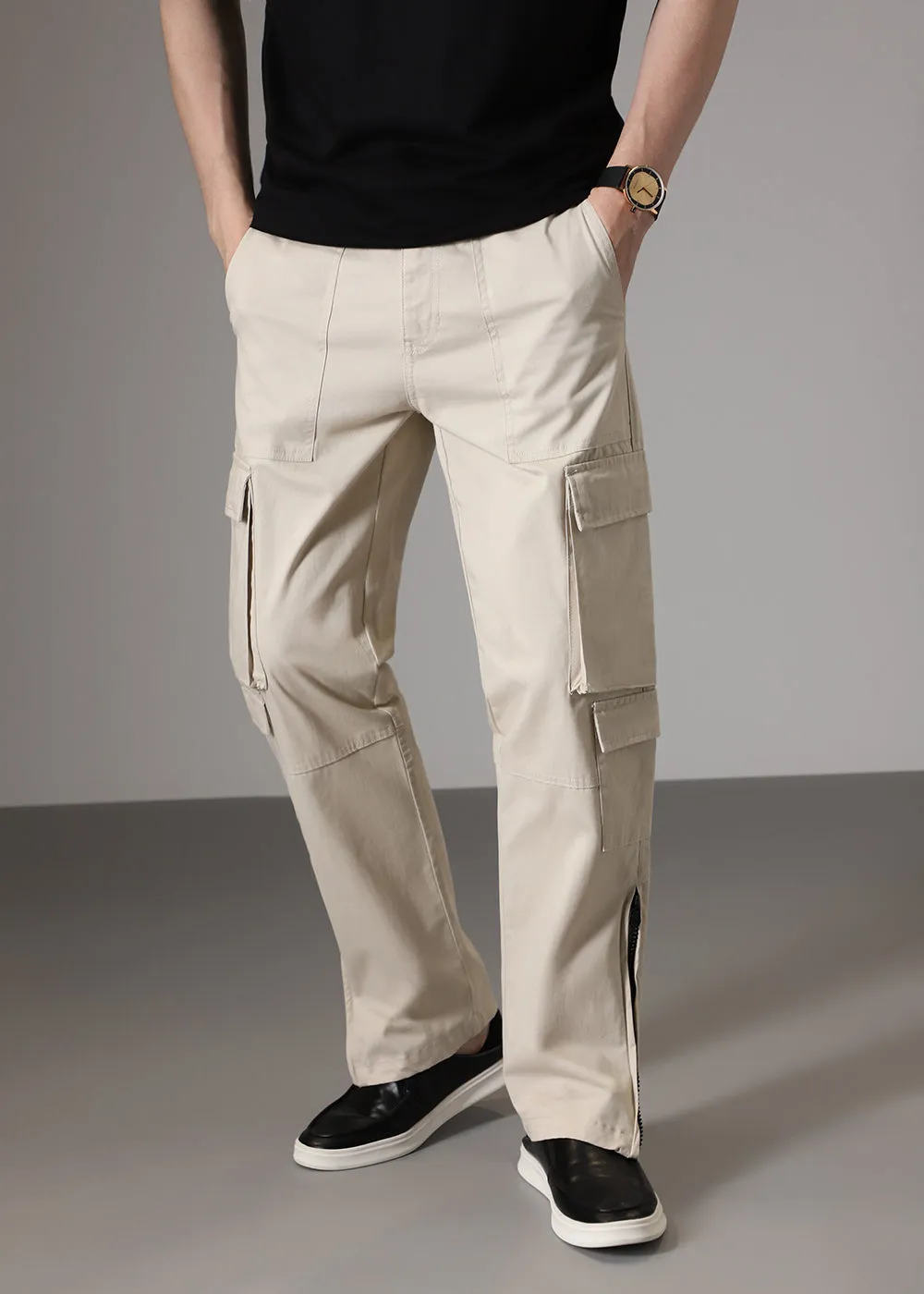 Cream Zipper Cargo Pant