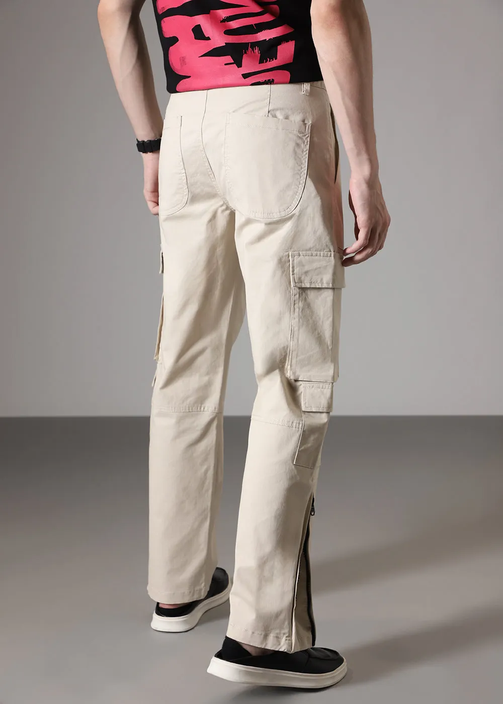 Cream Zipper Cargo Pant