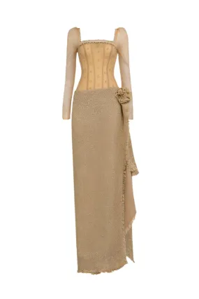 CRYSTAL BODYCON TWEED MAXI DRESS IN BEIGE