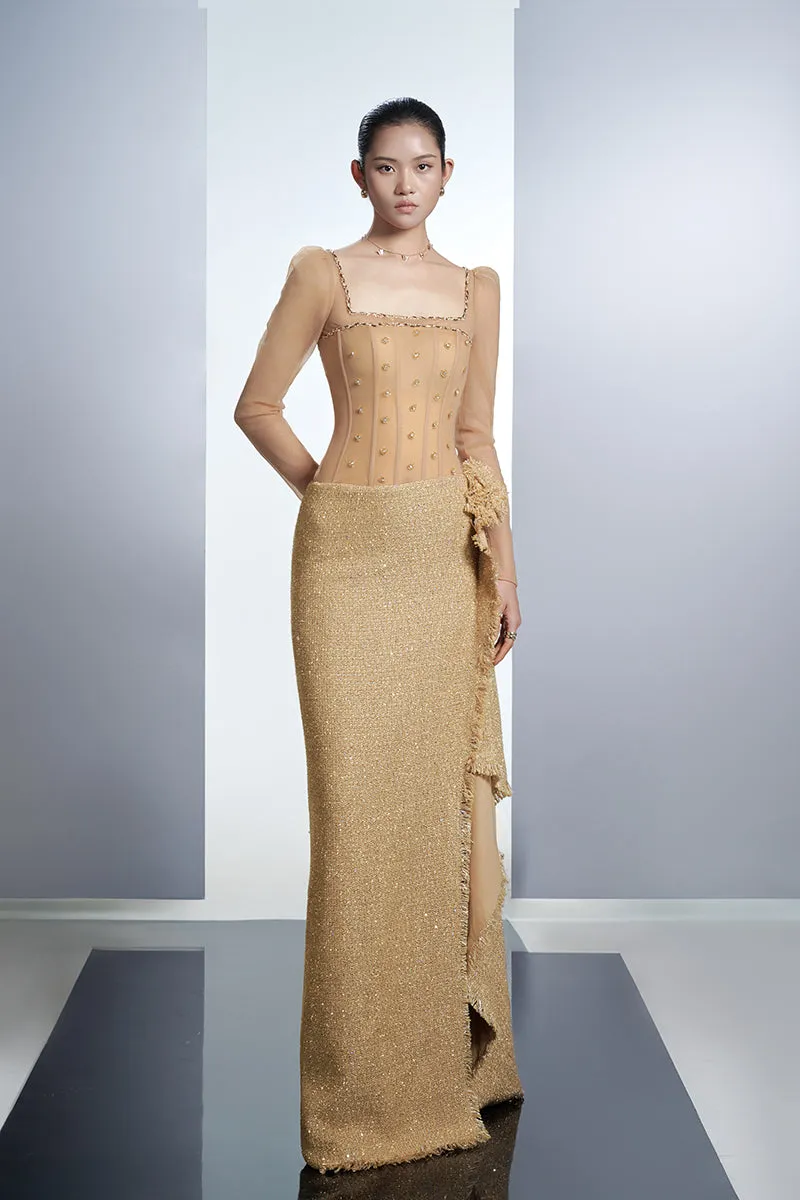 CRYSTAL BODYCON TWEED MAXI DRESS IN BEIGE