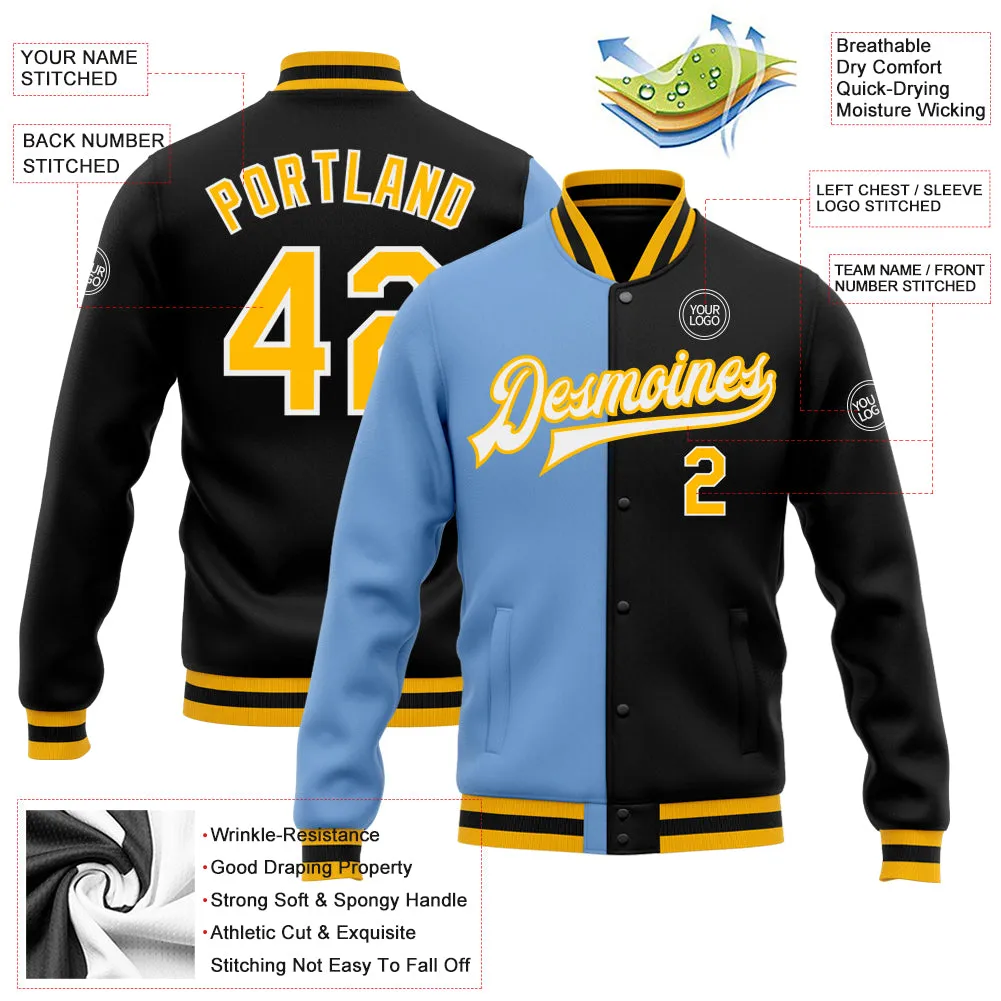 Custom Black Gold-Light Blue Bomber Full-Snap Varsity Letterman Split Fashion Jacket