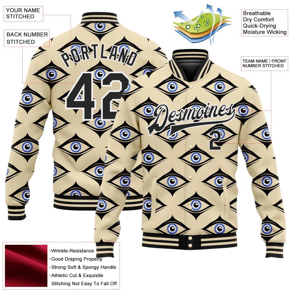 Custom Cream Black-White Evil Eyes 3D Pattern Design Bomber Full-Snap Varsity Letterman Jacket