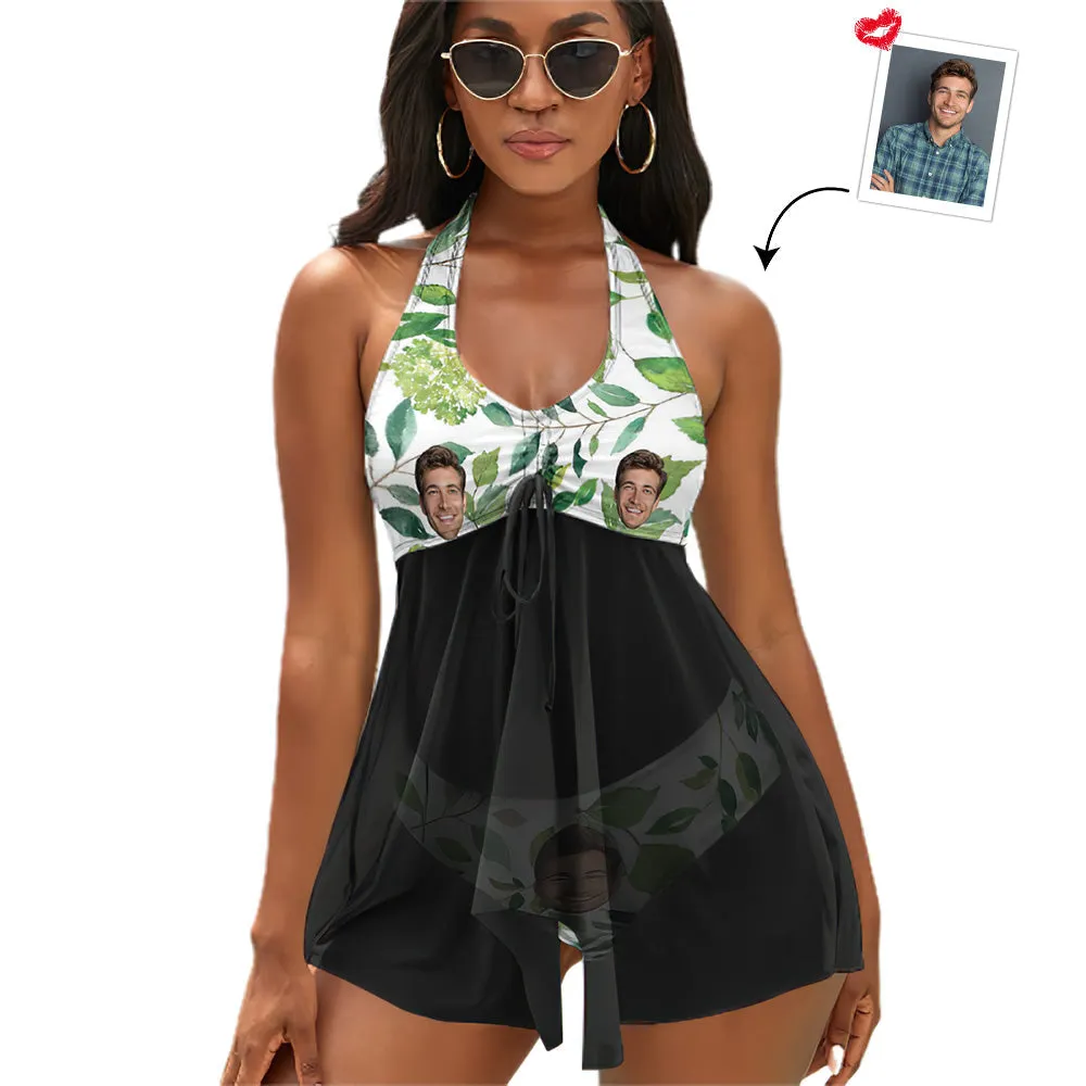 Custom Face Boyfriend Women's Strappy Neck Dress Swimsuit - Green Leaves