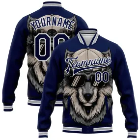 Custom Navy White-Gray Wolf 3D Pattern Design Bomber Full-Snap Varsity Letterman Jacket