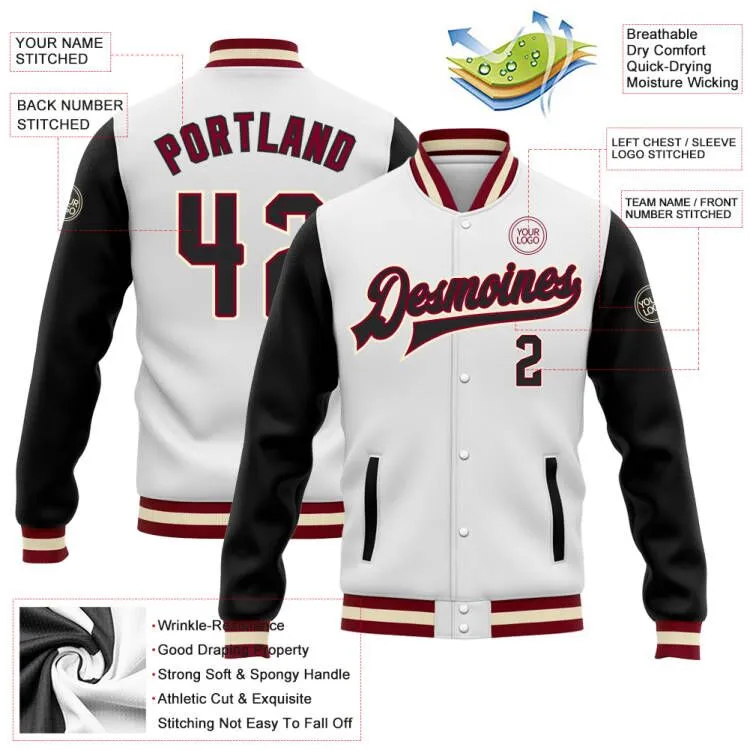 Custom White Black Maroon-Cream Bomber Full-Snap Varsity Letterman Two Tone Jacket