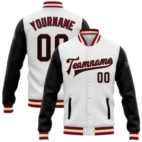 Custom White Black Maroon-Cream Bomber Full-Snap Varsity Letterman Two Tone Jacket