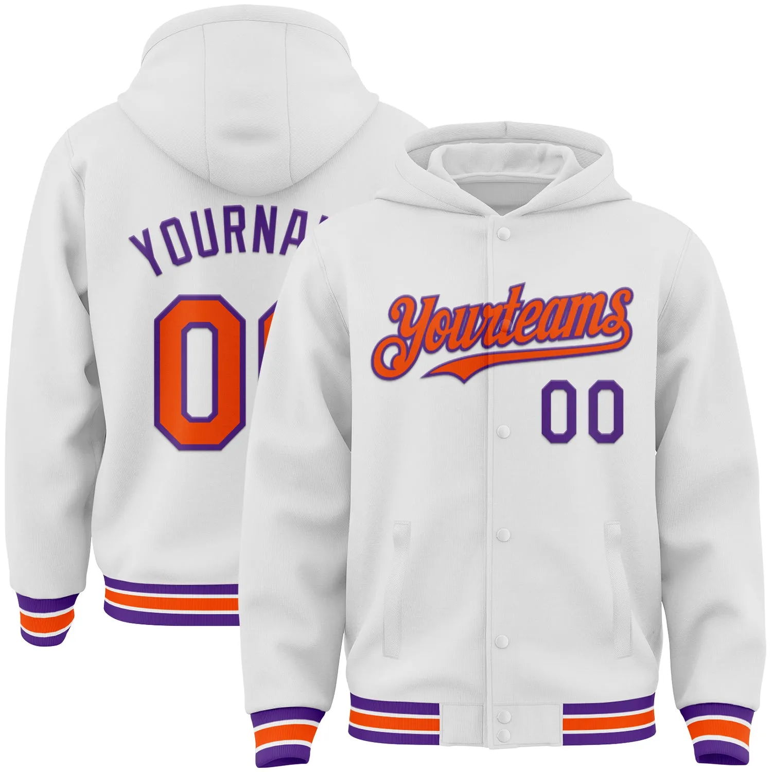 Custom White Orange-Purple Bomber Full-Snap Varsity Letterman Hoodie Jacket