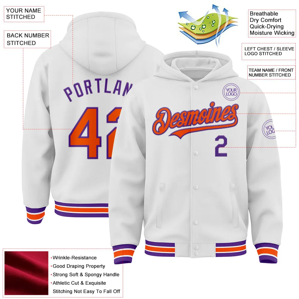 Custom White Orange-Purple Bomber Full-Snap Varsity Letterman Hoodie Jacket