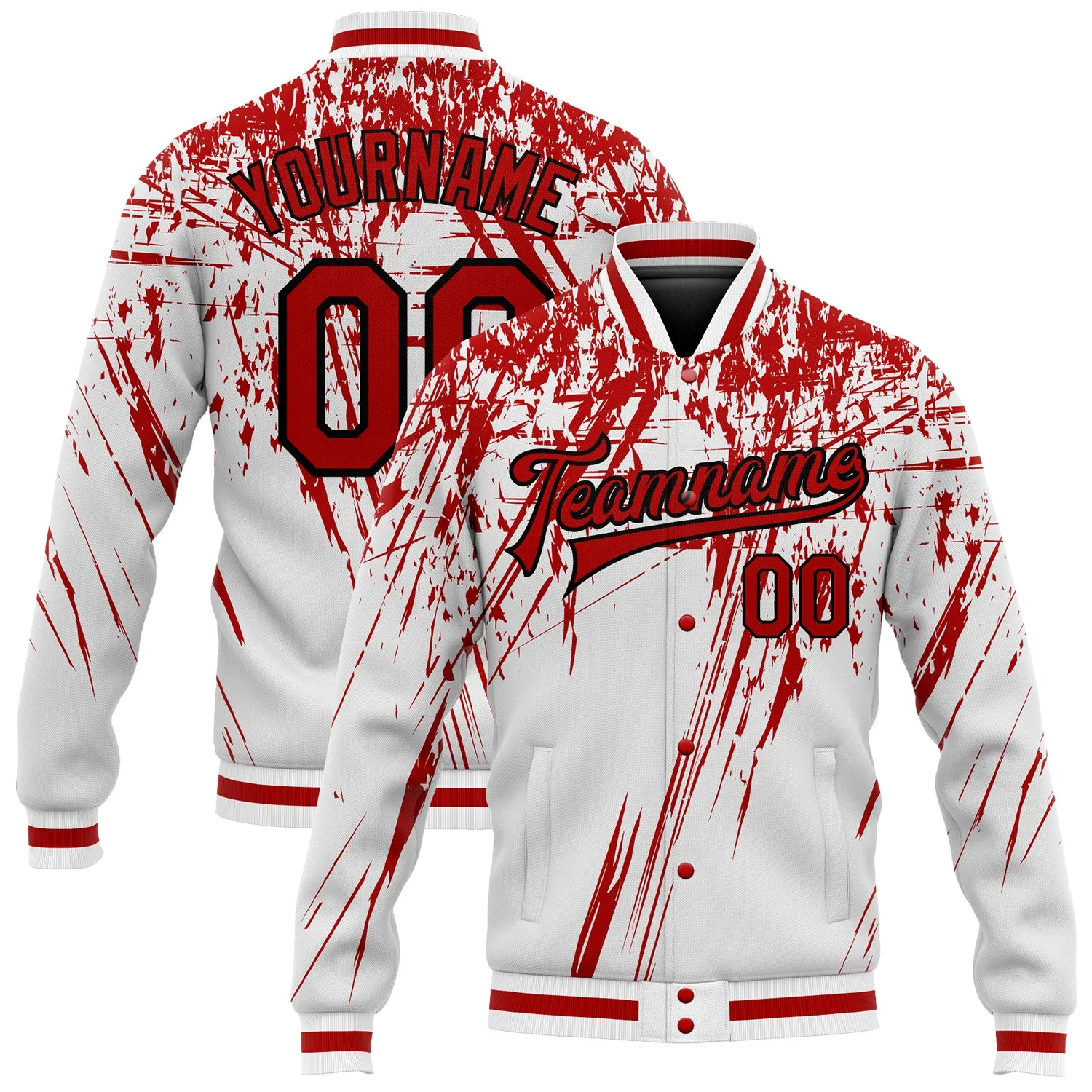 Custom White Red-Black 3D Pattern Design Bomber Full-Snap Varsity Letterman Jacket