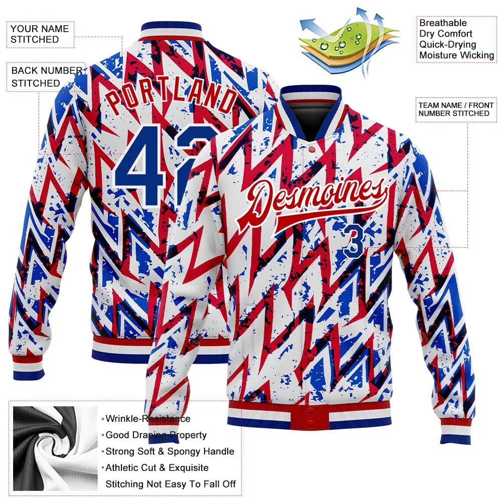 Custom White Royal-Red 3D Pattern Design Bomber Full-Snap Varsity Letterman Jacket