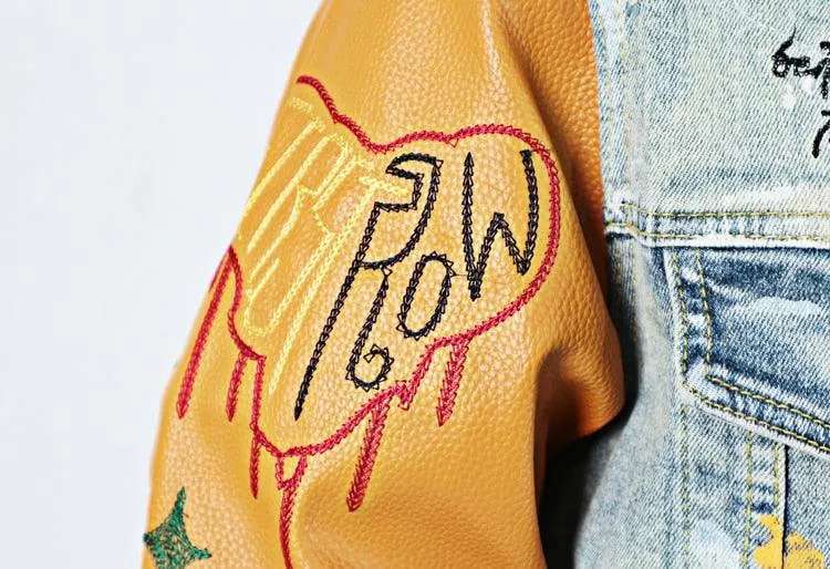 Denim PU Patchwork Embroidery Jean Jacket