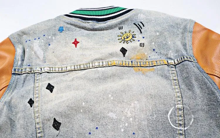 Denim PU Patchwork Embroidery Jean Jacket