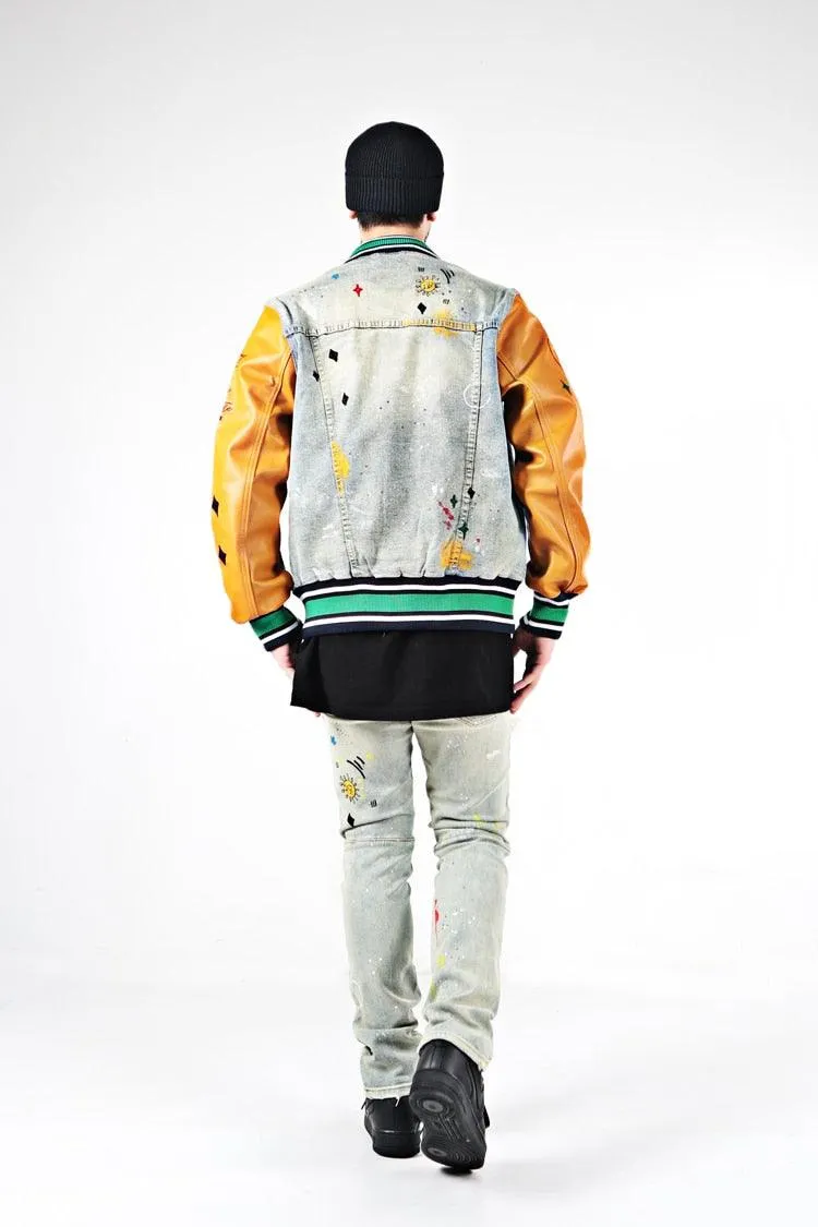 Denim PU Patchwork Embroidery Jean Jacket