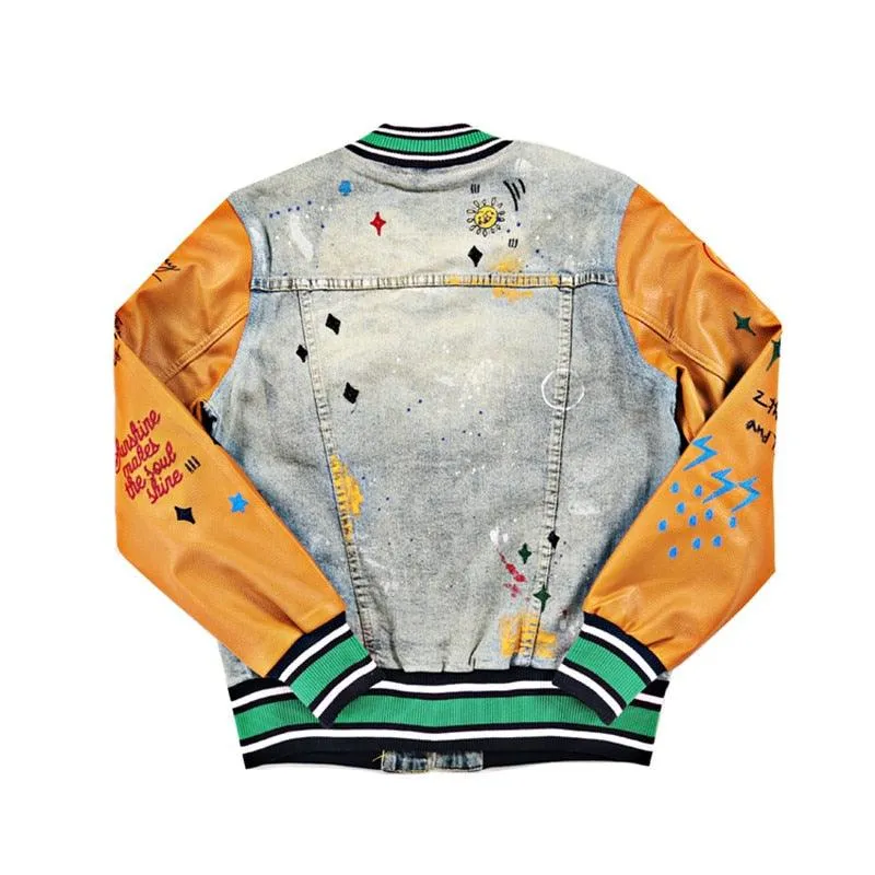 Denim PU Patchwork Embroidery Jean Jacket