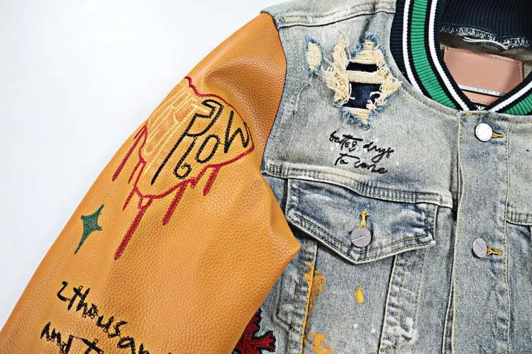 Denim PU Patchwork Embroidery Jean Jacket