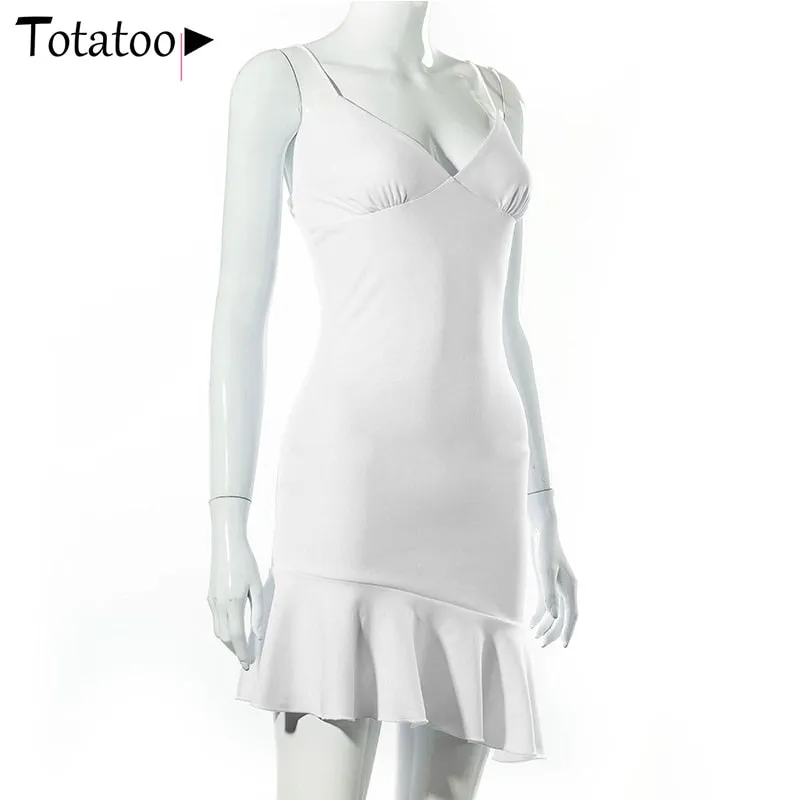 Elegant V Neck Ruffles Strap Bodycon Summer Sleeveless Office Lady Vintage Party White Dress