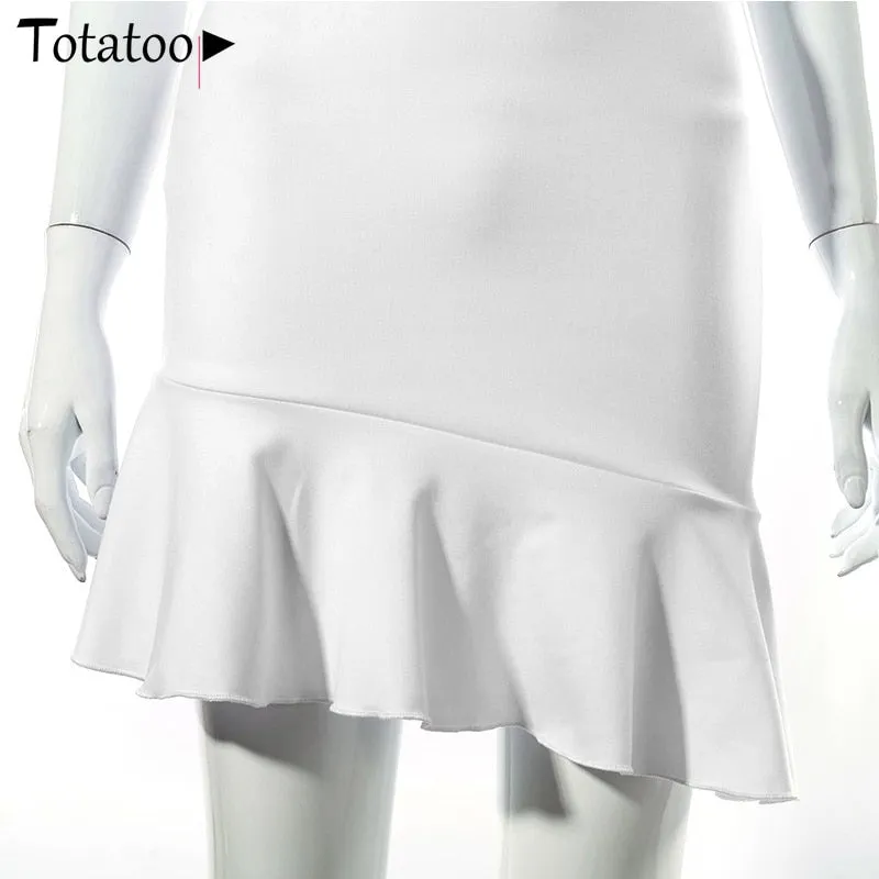 Elegant V Neck Ruffles Strap Bodycon Summer Sleeveless Office Lady Vintage Party White Dress