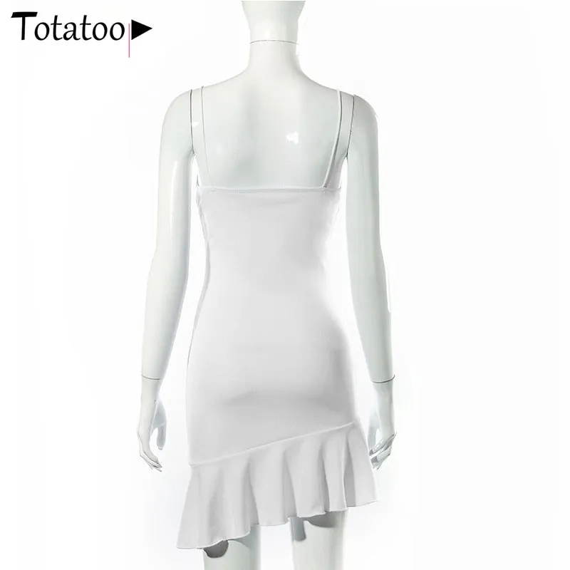 Elegant V Neck Ruffles Strap Bodycon Summer Sleeveless Office Lady Vintage Party White Dress