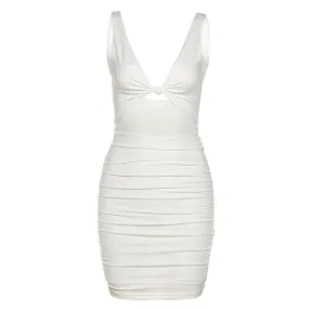 Elegant V Neck White Summer Spaghetti Strap Sleeveless Cut Out Ruched Bodycon Dress Outfit