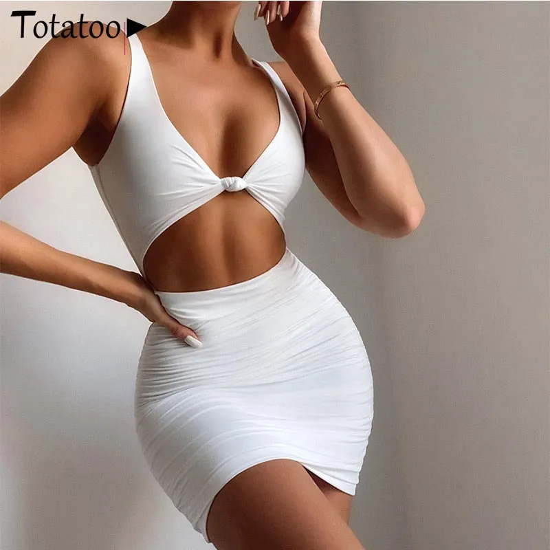 Elegant V Neck White Summer Spaghetti Strap Sleeveless Cut Out Ruched Bodycon Dress Outfit