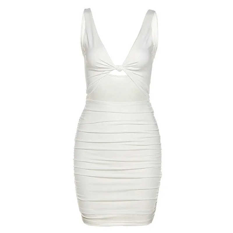 Elegant V Neck White Summer Spaghetti Strap Sleeveless Cut Out Ruched Bodycon Dress Outfit