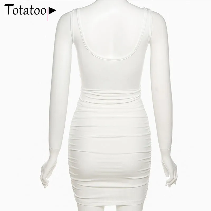 Elegant V Neck White Summer Spaghetti Strap Sleeveless Cut Out Ruched Bodycon Dress Outfit