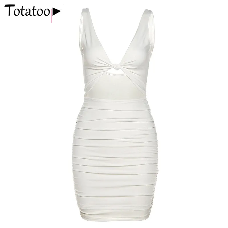 Elegant V Neck White Summer Spaghetti Strap Sleeveless Cut Out Ruched Bodycon Dress Outfit