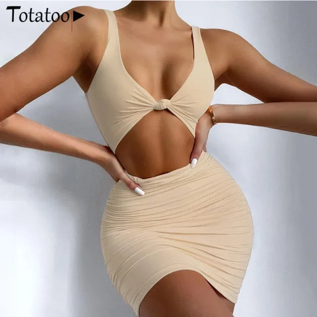 Elegant V Neck White Summer Spaghetti Strap Sleeveless Cut Out Ruched Bodycon Dress Outfit