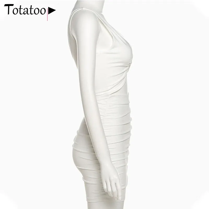 Elegant V Neck White Summer Spaghetti Strap Sleeveless Cut Out Ruched Bodycon Dress Outfit