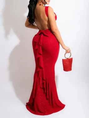 FashionSierra - Momycharm Red Solid Bowknot Ruffle Backless Bodycon Elegant Banquet Maxi Dress