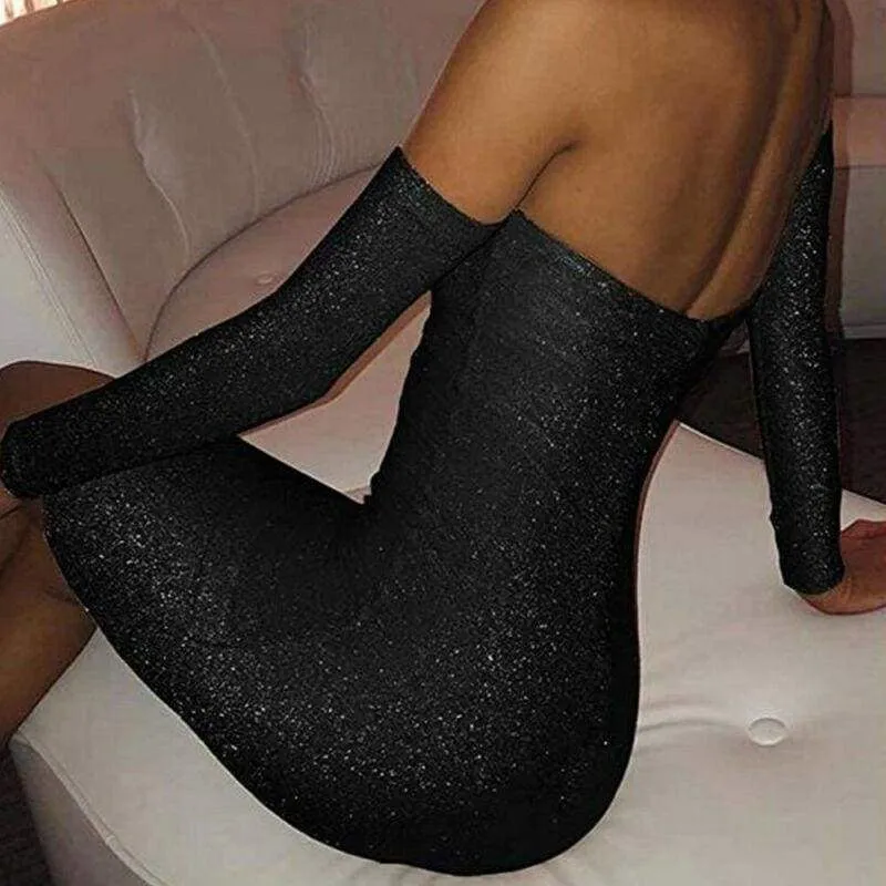 FashionSierra - Women Bling Bodycon Mini Dress Elegant Strapless Off Shoulder Long Sleeve Party Club Short Ladies Dresses