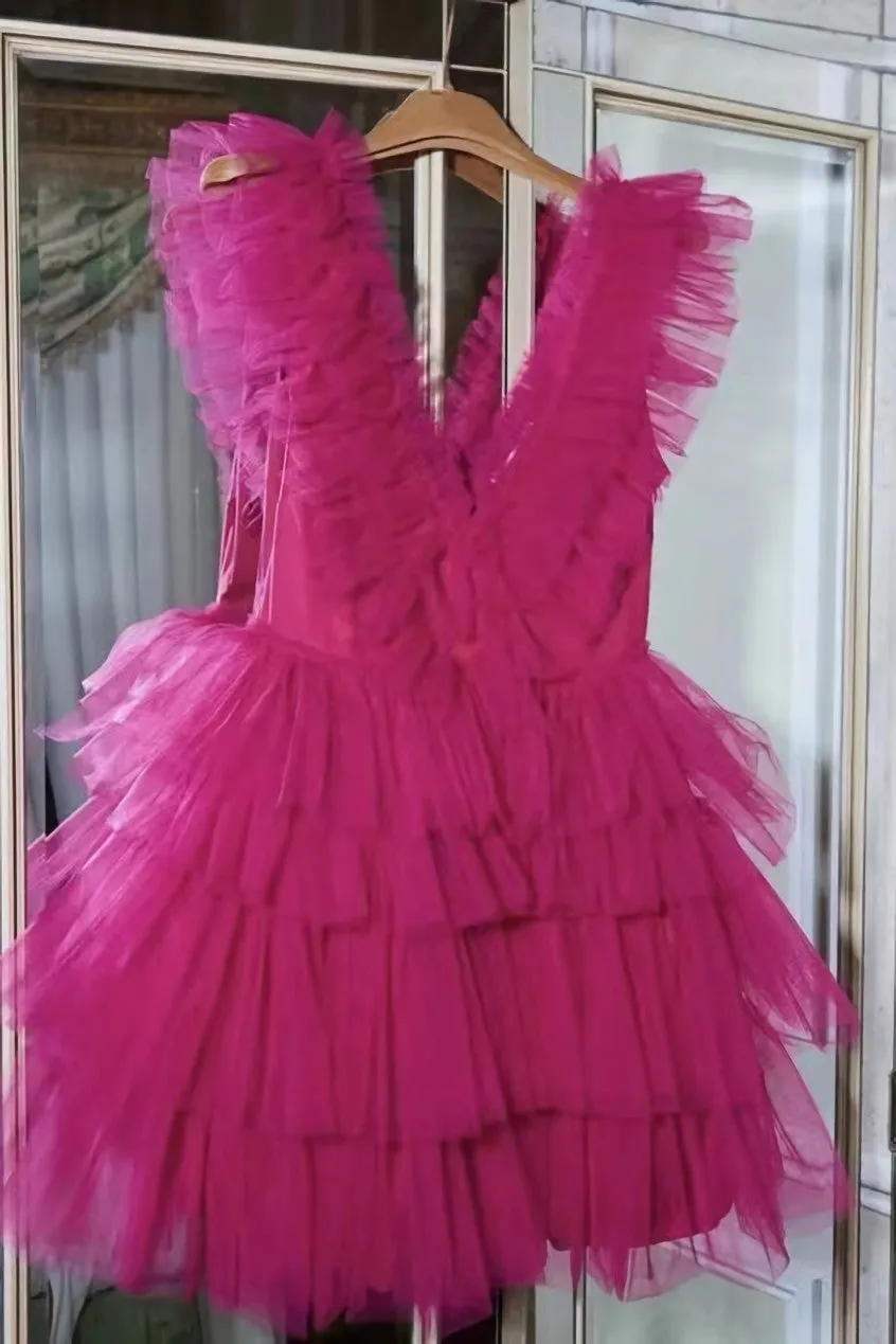 Fuchsia Homecoming Dress, Ruffled Layers Plunging V Neck Homecoming Dresses Short Grad Dresses