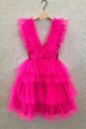 Fuchsia Homecoming Dress, Ruffled Layers Plunging V Neck Homecoming Dresses Short Grad Dresses