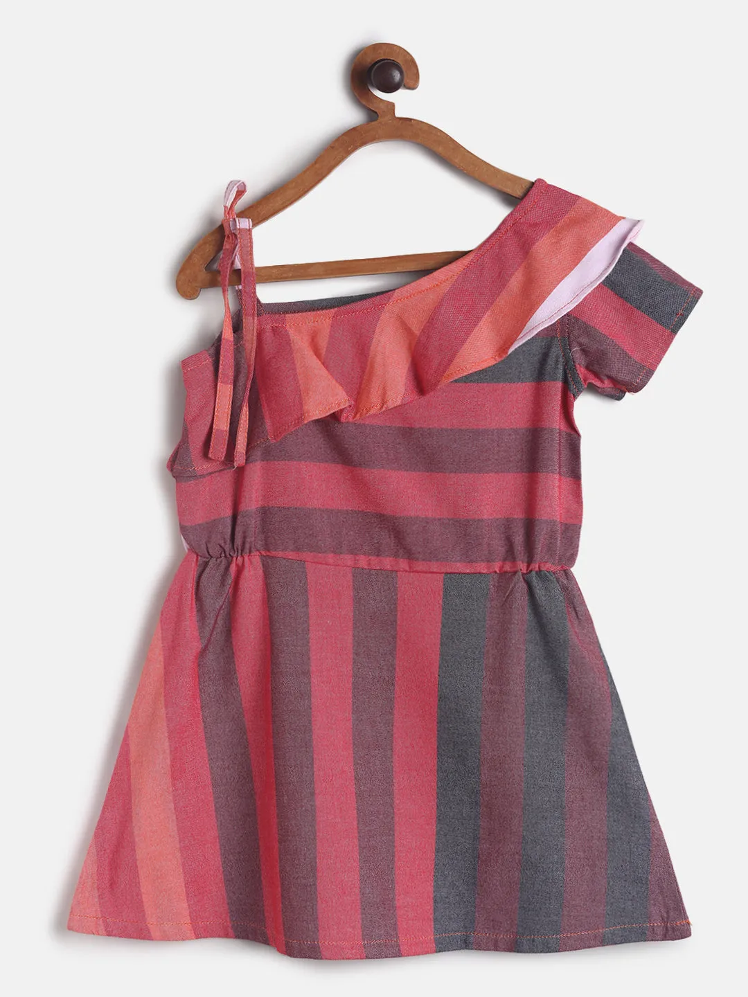 Girls Multi Color Stripe Single Shoulder Cotton Dress