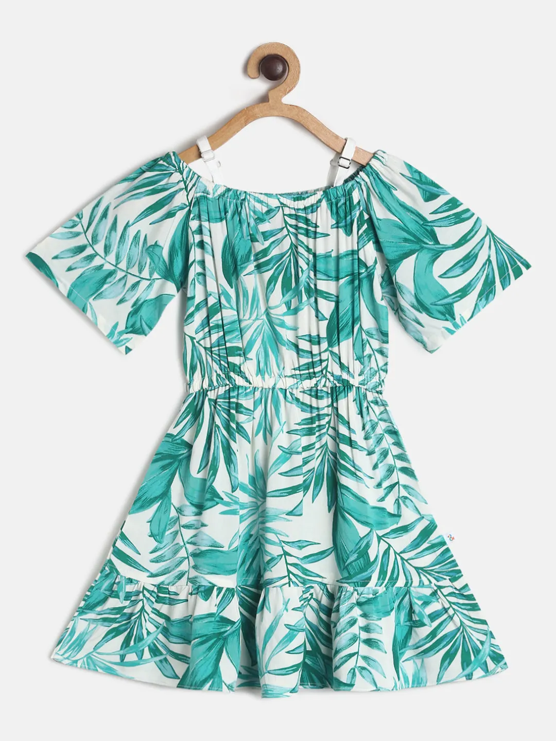 Girls Off Shoulder Green Printed Cotton Dress