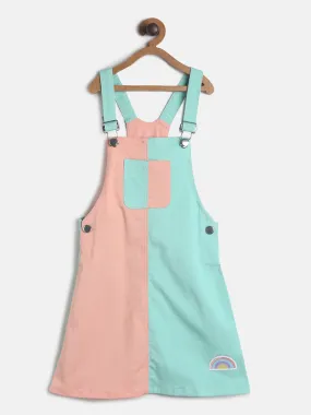 Girls Peach And Mint Colour Block Dungaree Dress