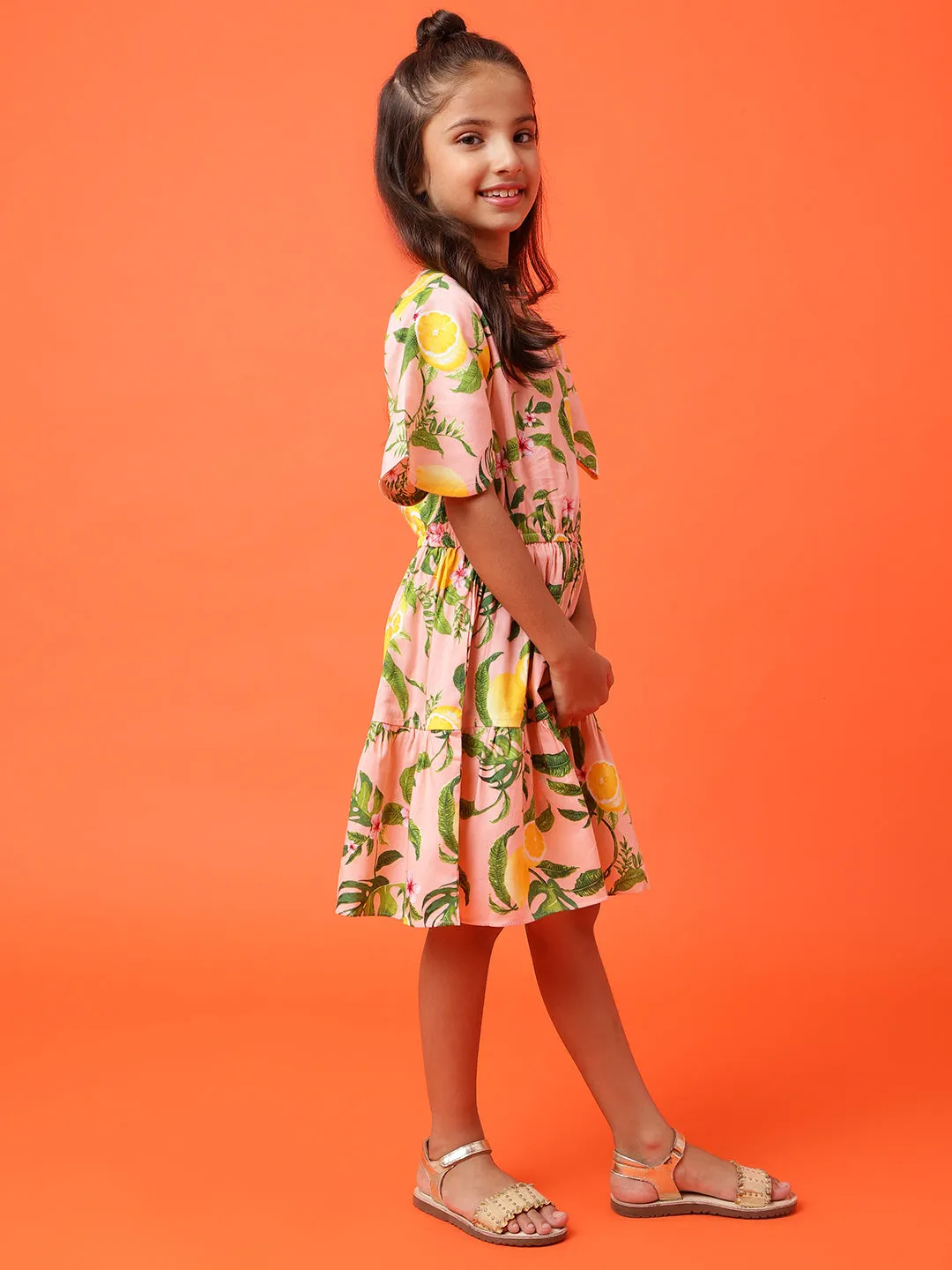 Girls Peach Leaf Printed Dress