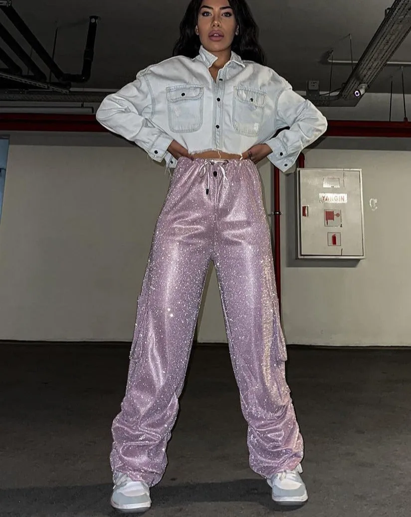 Glitter Pants High Waist Full Length Cargo