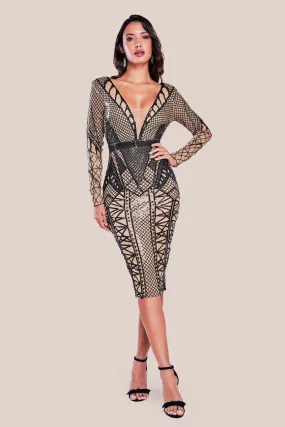 Goddiva Geometric Sequin Plunge Midi - Black